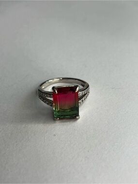Bicolor Watermelon Tourmaline Style Statement Ring Emerald Cut Red Green
